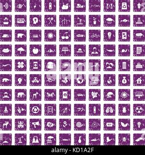 100 eco care icons set grunge purple Stock Vector