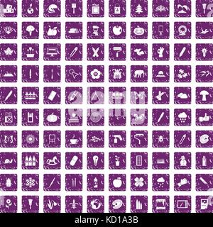 100 eco design icons set grunge purple Stock Vector