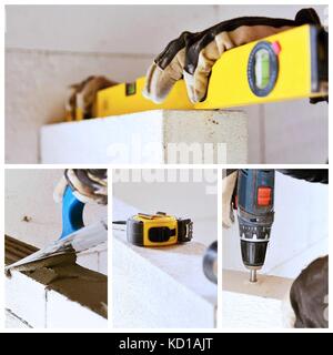 Photo collage with photos from house construction and working at construction site. Stock Photo