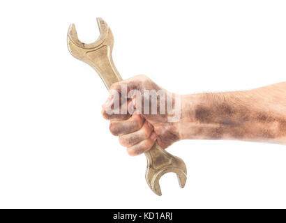 dirty and oily hand holding wrench tool isolated on white Stock Photo