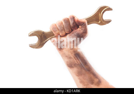 dirty and oily hand holding wrench tool isolated on white Stock Photo