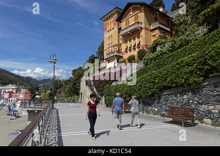 LEVANTO, Italy, June 4, 2017 : Beach promenade of Levanto. Levanto, in the Italian region Liguria, lies on the coast at the end of a valley, thickly w Stock Photo