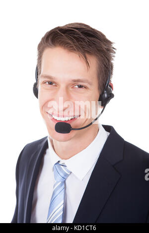 Young Wearing Headset Isolated Over White Background Stock Photo