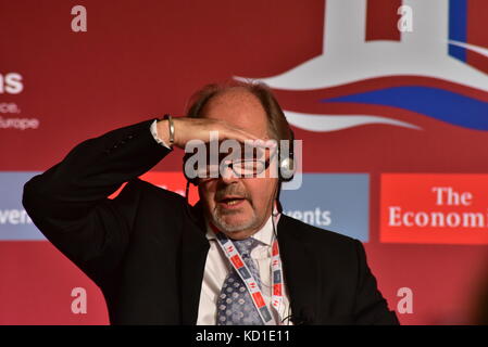 Athens, Greece. 09th Oct, 2017. John Andrews, consultant editor of The Economist in the EU-Eurasia-China Business Summit. Credit: Dimitrios Karvountzis/Pacific Press/Alamy Live News Stock Photo