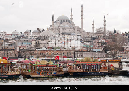 Ferry terminal at Istanbul, Turkey with the Sultan Ahmet mosque in the background Stock Photo