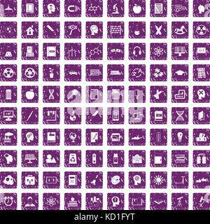 100 education icons set grunge purple Stock Vector