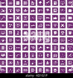 100 education technology icons set grunge purple Stock Vector