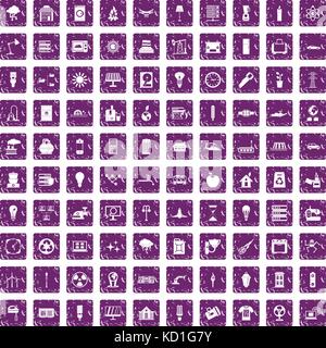 100 electricity icons set grunge purple Stock Vector