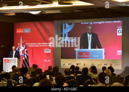 Athens, Greece. 09th Oct, 2017. Spyros Kouvelis President of Greek Eurasian Business Council and former vice-minister for foreign economic, cultural and environmental affairs of Greece, during his speech in the EU-Eurasia-China Business Summit. Credit: Sonia Brandolone/Pacific Press/Alamy Live News Stock Photo