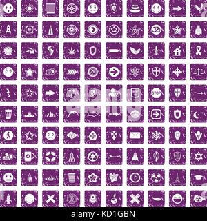 100 emblem icons set grunge purple Stock Vector