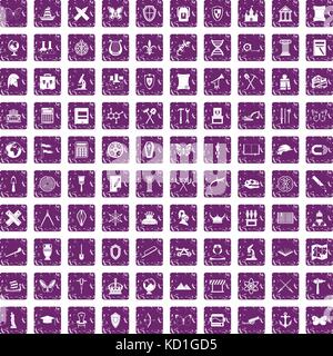 100 archeology icons set grunge purple Stock Vector