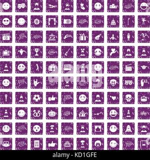 100 emotion icons set grunge purple Stock Vector