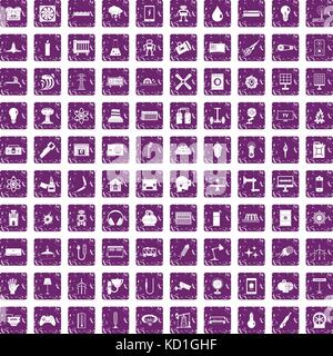 100 energy icons set grunge purple Stock Vector