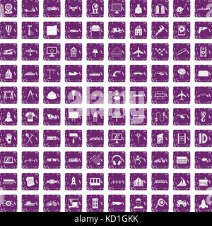 100 engineering icons set grunge purple Stock Vector