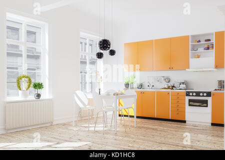 3d rendering of kitchen interior in modern home with dinner tabl