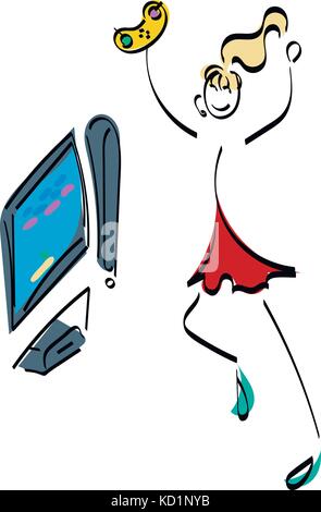 Doodle stickman illustration concept. Gamer girl wins joy Stock Vector