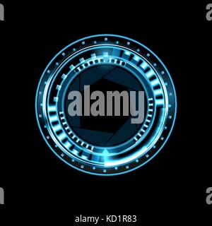 Brilliant technological eye HUD on a black background. Lens with aperture. illustration Stock Vector