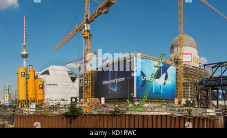 BERLIN, 19th JUNE: Samsung Galaxy S8 huge bill board advertising panel mounted in the "Berliner Schloss", building under construction near Alexanderpl Stock Photo