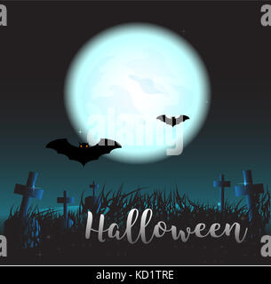 Halloween full moon night background with bats and graveyards in silent and scary surrounding. it will be use for background/backdrop for party Stock Photo