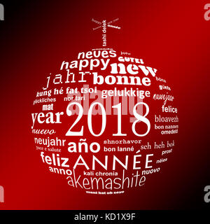 2018 new year multilingual text word cloud greeting card in the shape of a white christmas ball on red background Stock Photo
