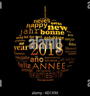 2018 new year multilingual text word cloud greeting card in the shape of a golden christmas ball on black background Stock Photo