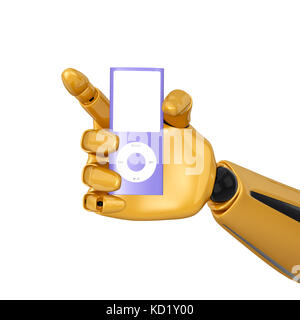 Gold 3d robotic hand hold a blank portable multimedia player. Including clipping path Stock Photo