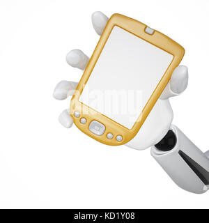 Gold 3d robotic hand hold a blank gold pda. Including clipping path Stock Photo