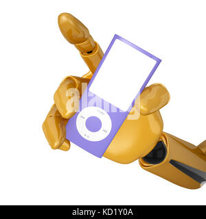 Gold 3d robotic hand hold a blank portable multimedia player. Including clipping path Stock Photo