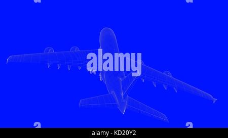 3d rendering of a blue print airplane in white lines on a blue background Stock Photo