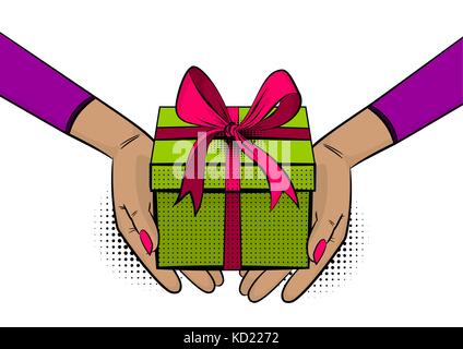 Pop art woman hand hold gift box ribbon Stock Vector