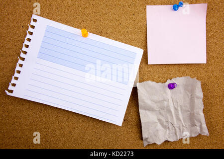 3 set colorful of sticky notes push pins on cork board with copy space. Businnes concept Stock Photo