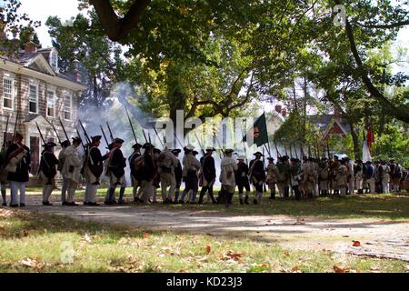 Philadelphia, PA, USA - October 7, 2017: Revolutionary War re-enactors take part in the 240th anniversary reenactment of the Battle of Germantown. Stock Photo