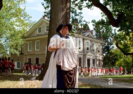 Philadelphia, PA, USA - October 7, 2017 - A female camp follower takes part in a reenactment of the Battle of Germantown on the 240th anniversary. Stock Photo