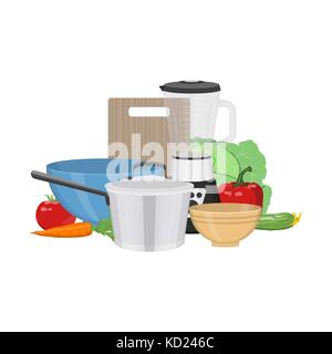 Vector illustration of kitchenware and utensil on table. Kitchen and food preparing topic. Stock Vector