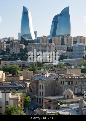 Flame towers dominating Baku skyline, Azerbaijan Stock Photo