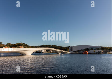 The white bridge and Buen in the port of Mandal in Norway Stock Photo