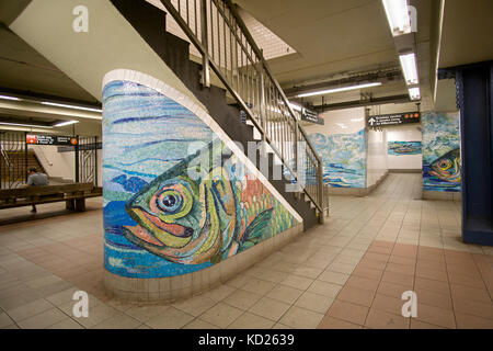 Subway art at the Essex Street Delancey Street Station on the F, J, M & Z lines in Manhattan, New York City. Stock Photo