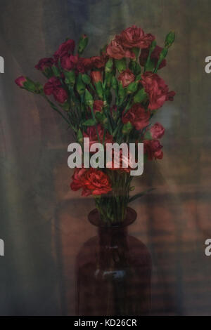 Bouquet of red carnations in a vase stands on windowsill Stock Photo