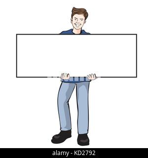 Man holding blank board, holds a placard. The man  holding a white poster isolated on white background. Vector Illustration Stock Vector
