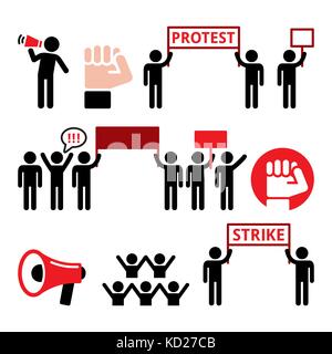 Protest, strike, people demonstrating or fighting for their rights icons set Stock Vector