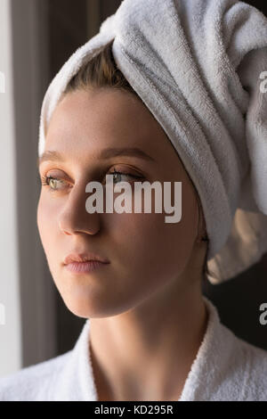 girl with towel on head Stock Photo