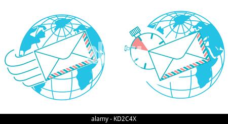 concept of delivery around the world, in the form of a letter flying around the world. Icon in the linear style Stock Vector