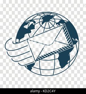 concept of delivery around the world, in the form of a letter flying around the world. Icon, silhouette in the linear style Stock Vector