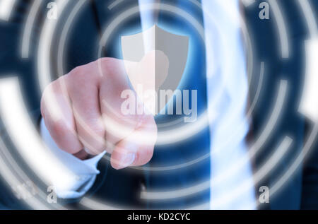 Businessman pressing security button in closeup on network pointer screen Stock Photo