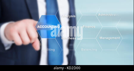 Businessman touching accounting button on virtual screen as management and finance concept Stock Photo