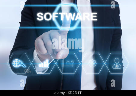 Business man using virtual modern computer for software access and navigation Stock Photo