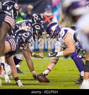 Chicago, Illinois, USA. 09th Oct, 2017. - Bears and Vikings line up at scrimmage during the NFL Game between the Minnesota Vikings and Chicago Bears at Soldier Field in Chicago, IL. Photographer: Mike Wulf Credit: csm/Alamy Live News Stock Photo