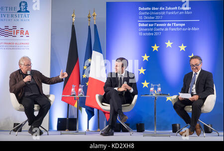 Frankfurt am Main, Germany. 10th Oct, 2017. German politician Daniel Cohn-Bendit (L), French sociologist Gilles Kepel (R) and Emmanuel Macron, the president of France, take part in a debate at the Johann Wolfgang Goethe University in Frankfurt am Main, Germany, 10 October 2017. Macron attended an event entitled 'Debating the Future of Europe'. Macron is scheduled to open the Frankfurt Book Fair later in the day. France is this year's official partner country of the fair. Credit: Frank Rumpenhorst/dpa/Alamy Live News Stock Photo