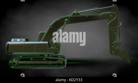 3d rendering of a reflective digger with green outlined lines as blueprint on dark background