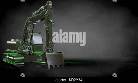 3d rendering of a reflective digger with green outlined lines as blueprint on dark background